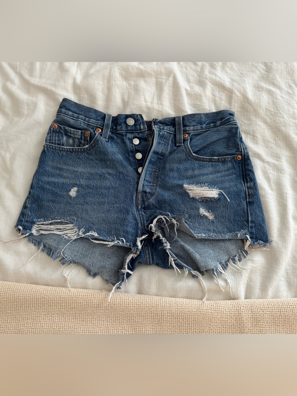 Levi’s 501 Classic Distressed High-Rise Denim Shorts in Dark Blue